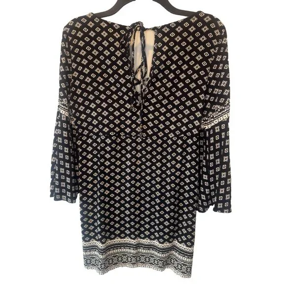 Womens Black White Bell Sleeve Mini Dress Large Boho Peasant Hippie Festival - Picture 4 of 9